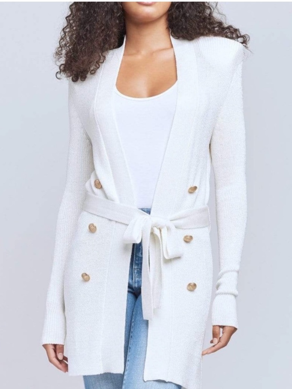 L'AGENCE Iridescent White Longline Double-Breasted Knit Cardigan NWT